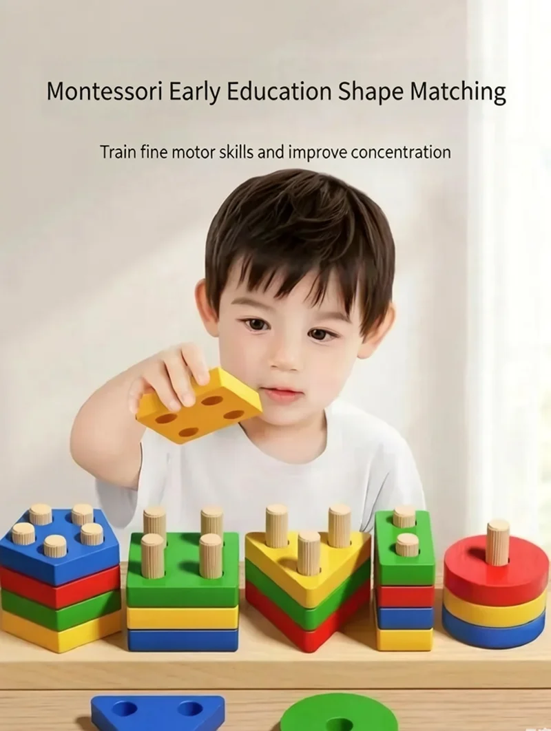 Montessori Early Ed Toy Shape Sorter Pegboard & Building Blocks for Babies Colorful Geometry Matching Game for Toddler Learning.