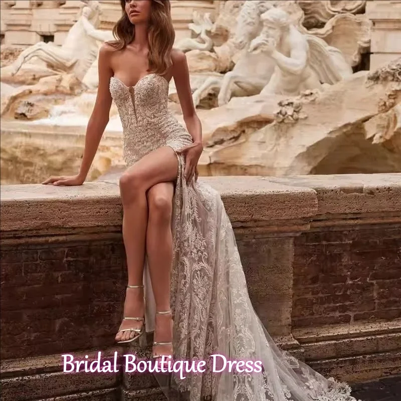 カスタマイズされたセクシーなストラップレスマーメイドウェディングドレス、光沢のあるスパンコール付き、ノースリーブ、コートトレーニングレースデカール、ブライダルガウン、VestidoDeNovia