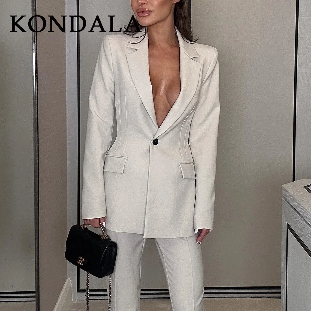 

KONDALA 2025 Fall Winter Elegant Office Lady Solid Suits Fashion Slim Single Button Shrug Blazers Chic Zipper Flare Pants