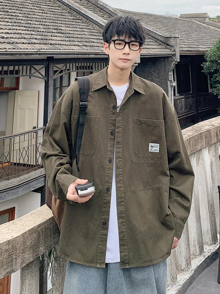 

Men's Long Sve Cotton irt Casual Loose Fit Spring Autumn American Trendy Brand Heavyweight Pure Cotton Work Jaet