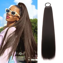 Synthetic Hair Ponytail With Rubber Band Ring Long Yaki Straight Puff Kinky Afro Ponytails Black Color For Women