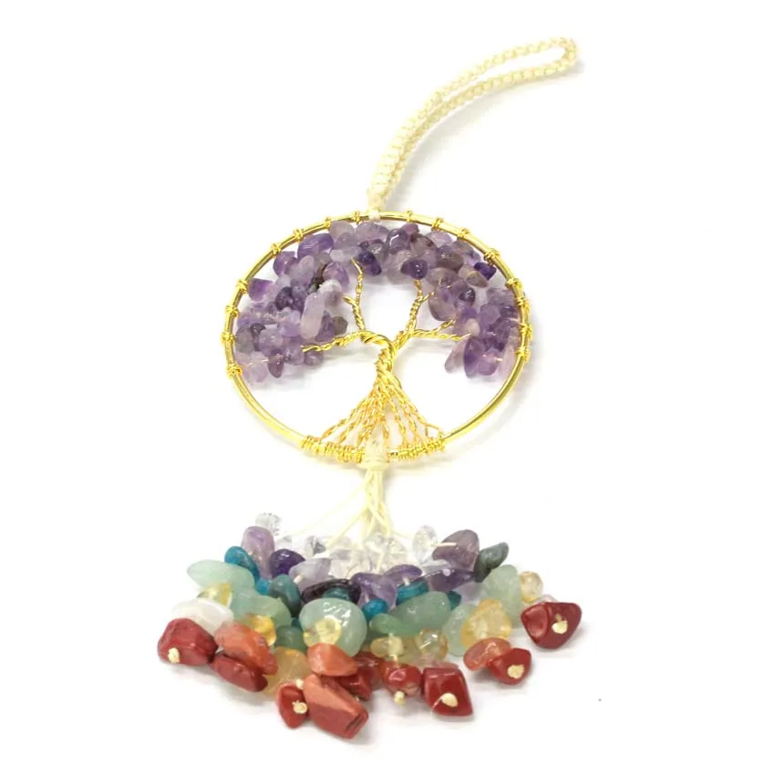 KFT Natural Healing Crystal Quartz Car Tree of Life Decoration Wire Wrapped 7 Chakra Stone Ornaments Wall Window Room Decor