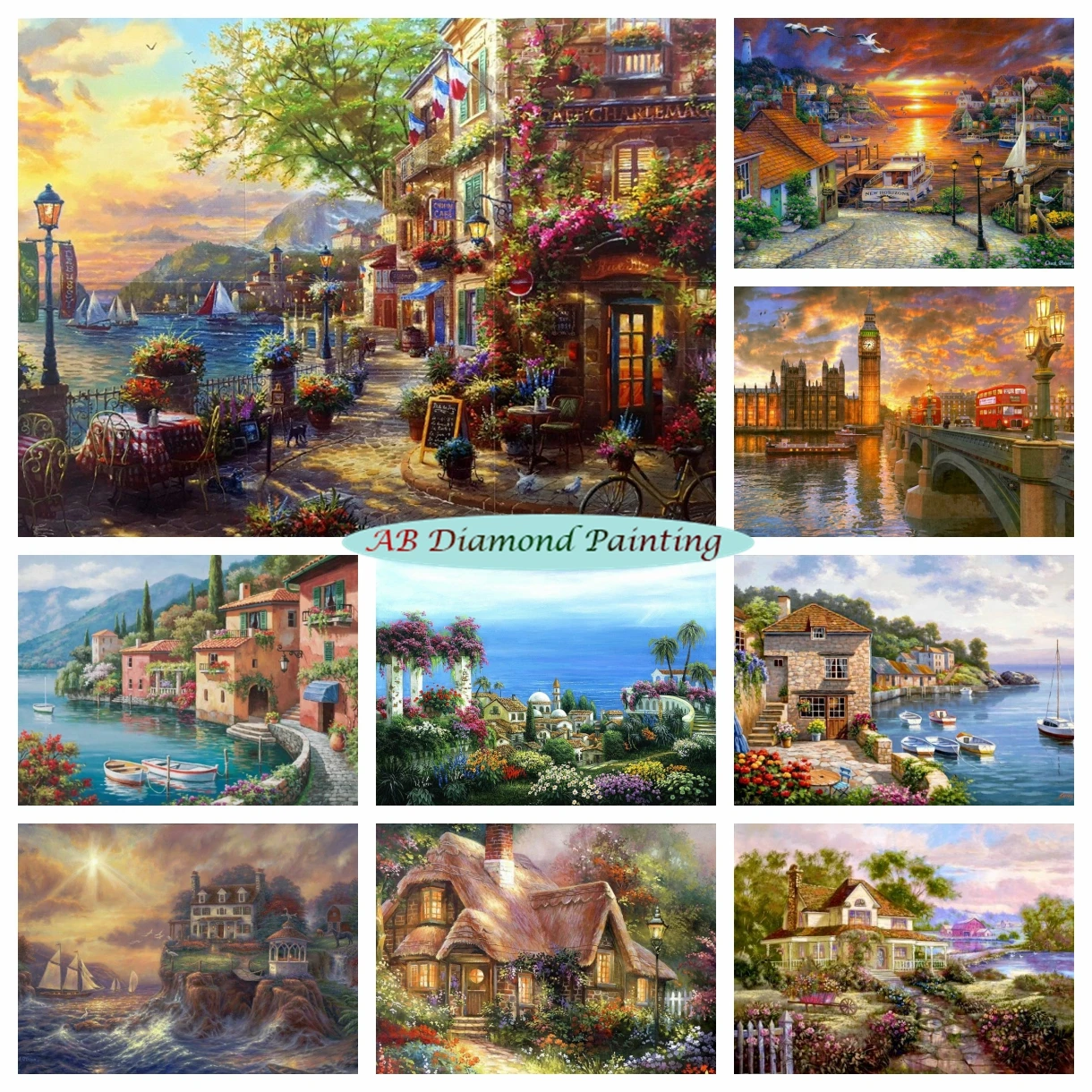 Lakeside Village Landscape 5D AB Drills Diamond Art Painting Nature House London Big Ben Cross Stitch Embroidery Kit Home Decor