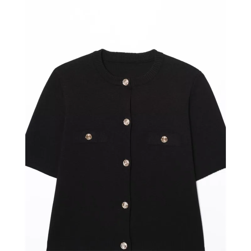 Cardigan de malha feminina com botão outono manga curta malha feminina topo liso elástico o pescoço camisola feminina