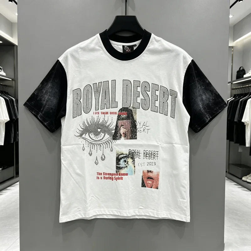 Patchwork Royal Desert Rhinestone Eye Tear T Shirt Men Women Back Shoot Diamond Label Cotton T-shirt Short Sleeve Tops