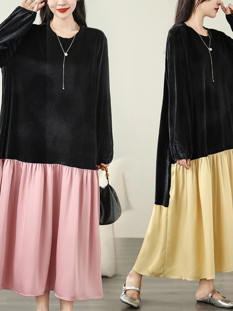 

Ретро модное бархатное платье контрастного цвета золотого цвета, женское осенне-зимнее свободное лоскутное длинное платье с круглым вырезом, модная