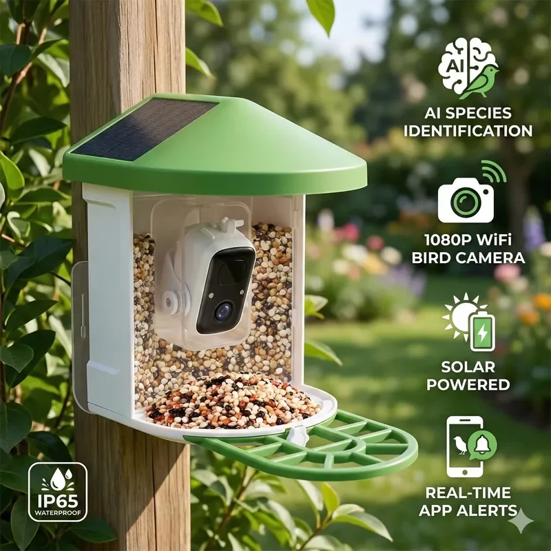 Smart WiFi Bird Feeder with HD Camera Solar Powered Outdoor IP65 Waterproof AI Recognition PIR Motion Sensor App Notification
