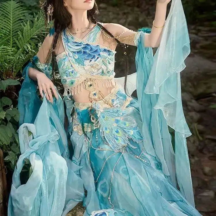 Chinese Elements Fairy Cosplay Costume Hanfu Female Exotic Dancewear Peacock Blue Dress Exotic Mermaid Princess Embroidery Dress - view 4
