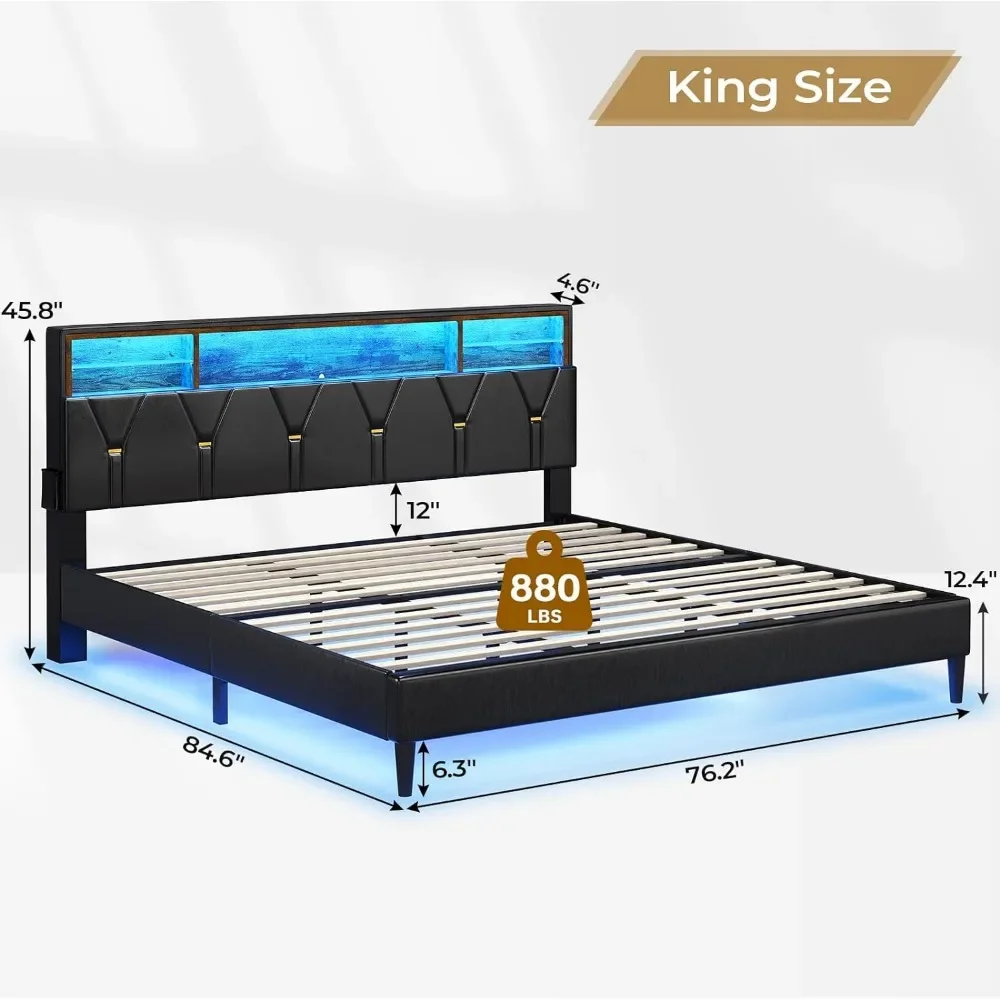 Bed Frame with LED Lights and Headboard Storage, LED Bed Frame King Size with Charging Station, Upholstered Bed Frame