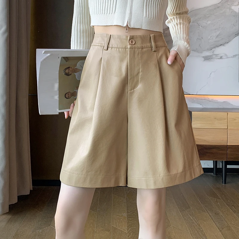 Green Loose Leather Straight Shorts For Woman High Waist Knee Length Bermuda Autumn Winter Vintage Pu Short Half Pants Female