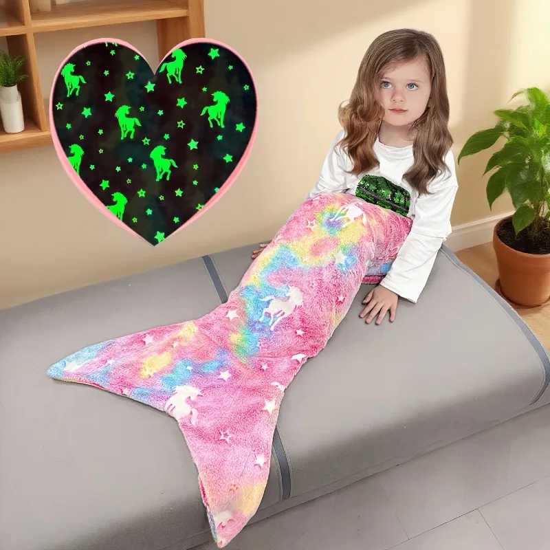 

Unisex Kids Mermaid Glow-in-the-Dark Sleeping Bag Flannel Blanket for Birthday Christmas Gifts