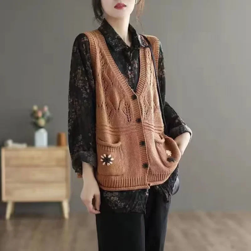 Knitted cardigan vest waistcoat summer and autumn embroidery pocket vintage art cut-out sleeveless cardigan sweater vest female