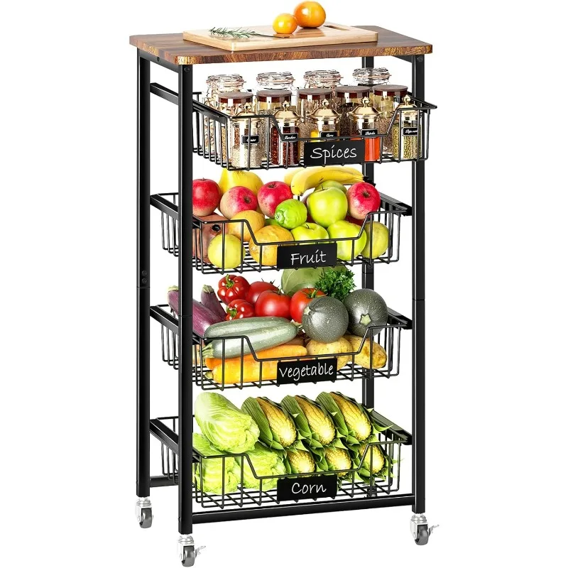 5-Tier Vegetable Fruit Basket Kitchen Storage Rolling Cart on Wheels with Pull-Out Baskets