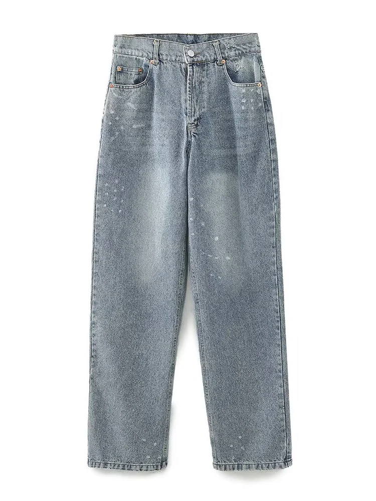 

Willshela Women Fashion With Pockets Denim Blue Front Zipper Straight Pants Vintage High Waist Full Length Female Chic Trousers