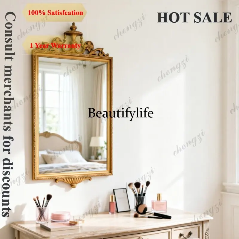 B567  European retro carved makeup mirror French wall hanging bedroom dresser decorative mirror household porch fireplace