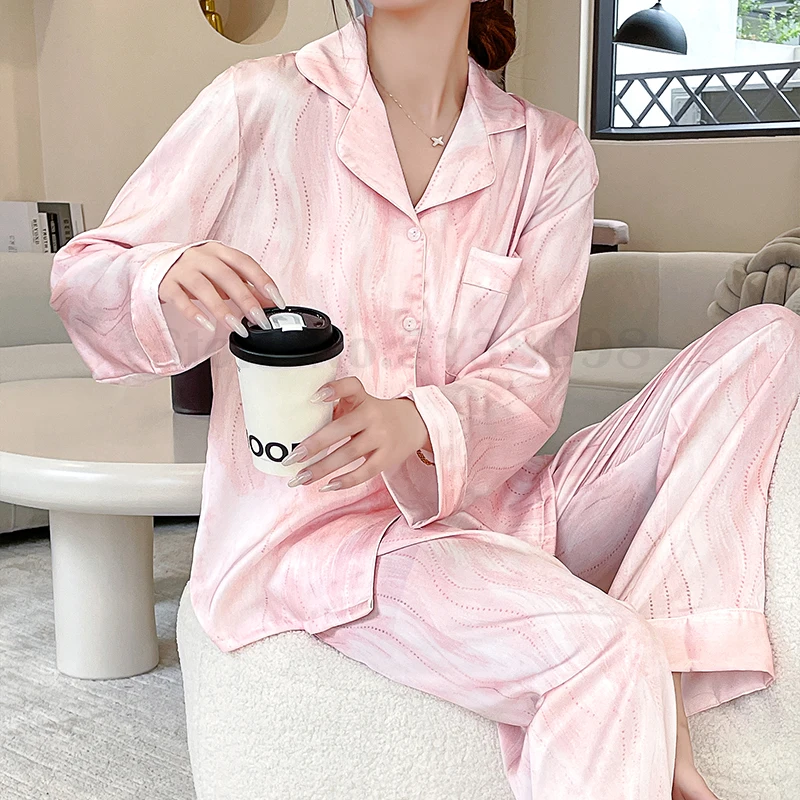 Women Pajamas Set Spring Summer Sleepwear Print Flower Long Sleeves Trouser Suits Lounge Wear Loose Satin Homewear Pijamas Suit