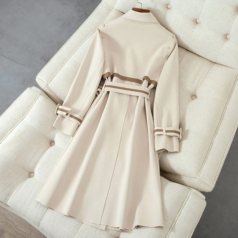 Women Midi Long Trench Coat Lapel Double Breasted Striped Belt Waist Tie Epaulet Windproof Elegant Office Windbreaker Jacket