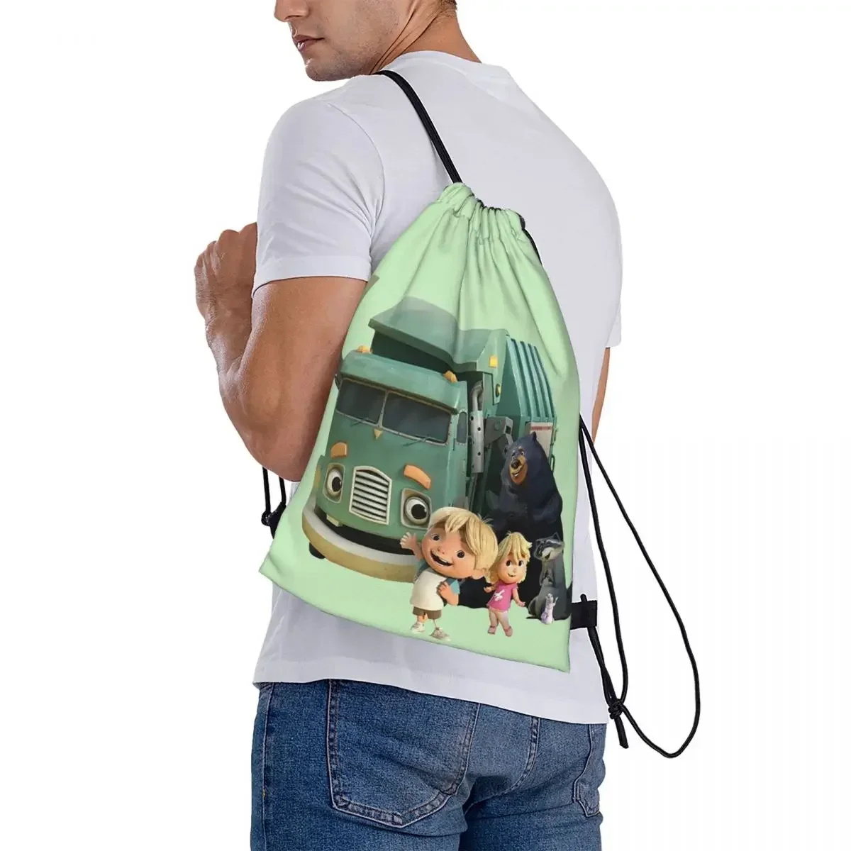 Mochila informal portátil con cordón para hombre y mujer, bolsa de almacenamiento con bolsillo para la escuela, camión de basura, Netflix