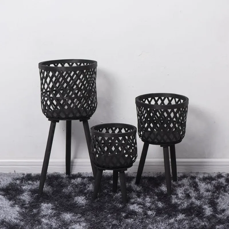 Hand Woven S/M/L Flower Pot Tripod Stand Rattan Pot Wood Pastoral Flower Baskets for Balcony Planters Home Indoor Decoration