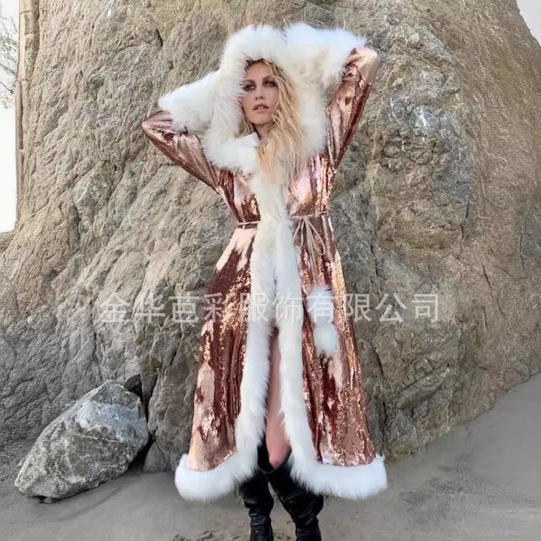 Women Faux Fur Coat Hooded Jackets Halloween Cosplay Costumes LED Jacket Sequins Warm Winter Fluffy Light Up Party Overcoat