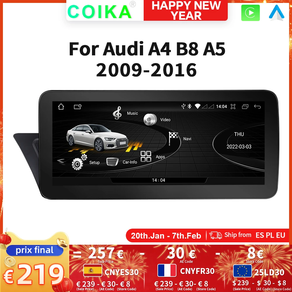 COIKA Android Auto Car Radio For Audi A4 B8 A5 2009-2016 Wireless Carplay Multimedia Player Stereo GPS BT Touch Screen Head Unit