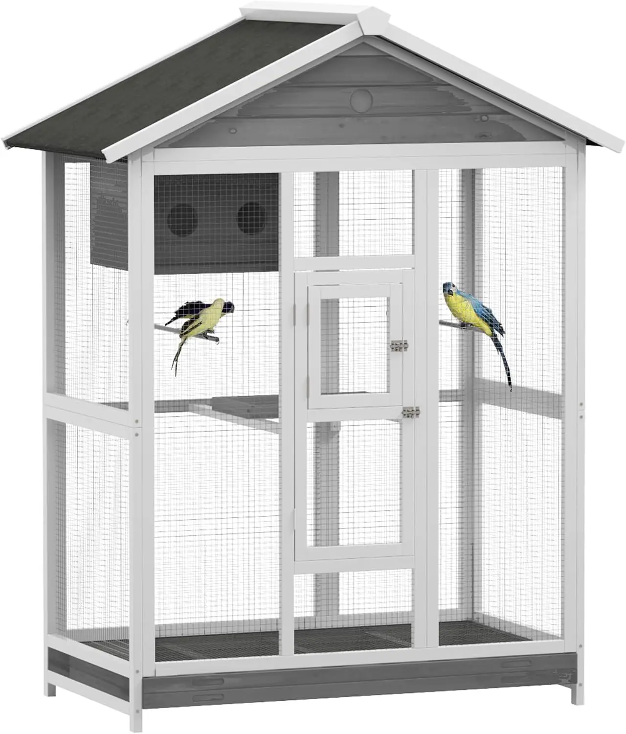 

Large 64.5" Wooden Bird Cage Aviary with Perches, Nest, Slide-Out Tray for Indoor/Outdoor Use in Gray