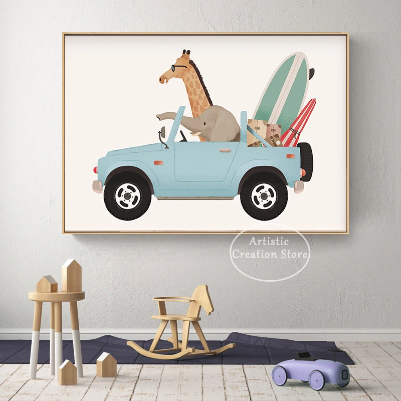 Vintage Animal Racing Car Poster Print Canvas Painting Racoon Moose Whimsical Animals Wall Art Nursery Baby Room Home Decor