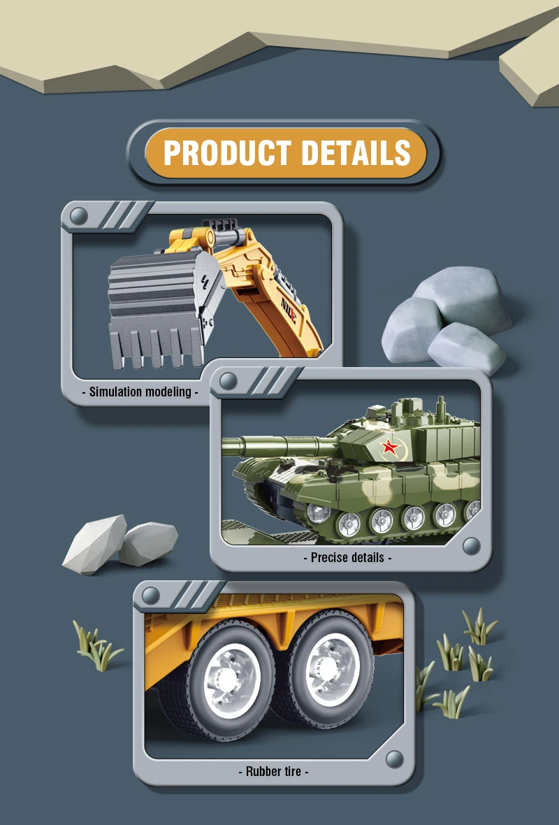 Semi-Träger-Container-LKW aus Druckguss mit Trägheitsantrieb – Technik-Spielzeug für Jungen: Traktor, Bagger, Bulldozer – Kinderfahrzeugmodell – Detail 9