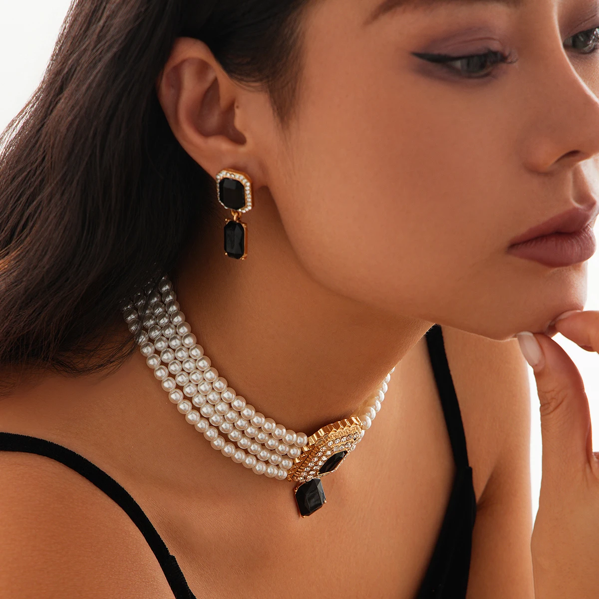 Lacteo Retro 2Pcs/Set Multi Layer Imitation Pearl Chain Necklace Stud Earrings Women Elegant Wedding Banquet Jewelry Suit New