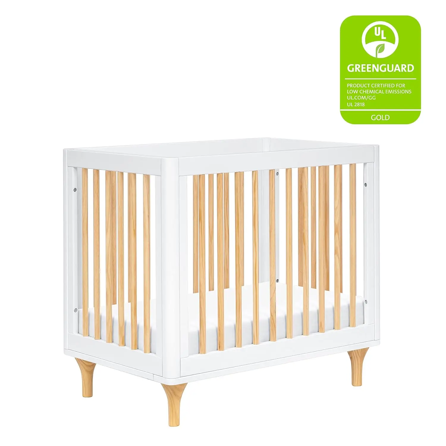 4-in-1 Convertible Mini Crib and Twin Bed with Toddler Bed Conversion Kit in White and Natural, Greenguard Gold