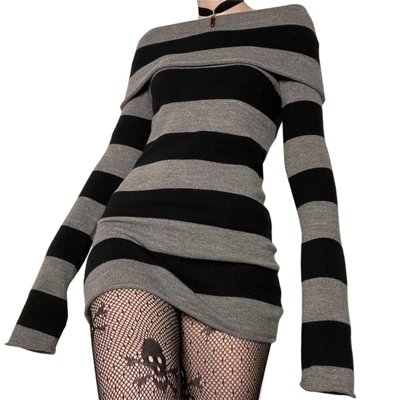 Thorn Tree Gothic Fairycore Grunge Striped Knitted Mini Dress Women Autumn Off Shoulder Long Sleeve Dress Y2k Aesthetic Vestidos