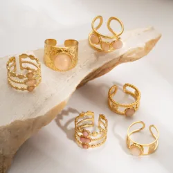 Fashion New Design Natural Stone Stainless Steel Ring Women Waterproof Stylish Golden Jewelry 2024 NEW Set