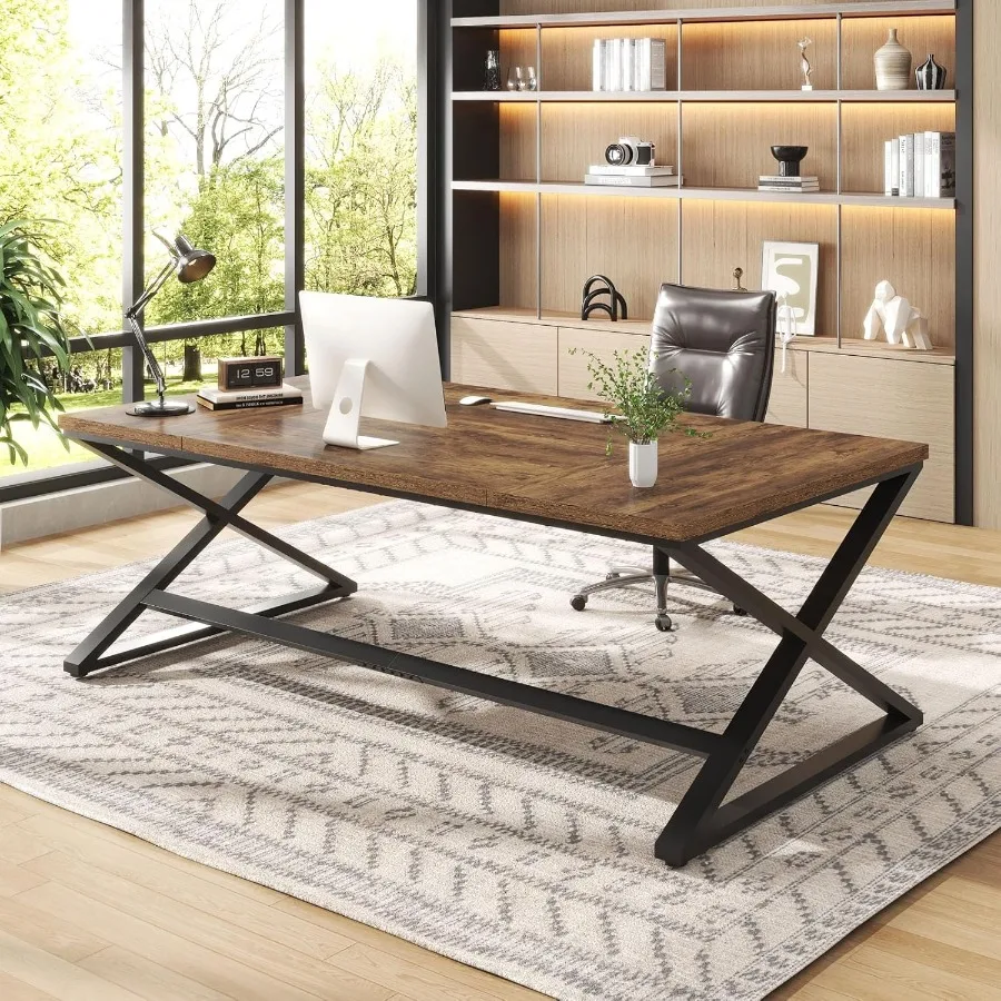 70.8 Rustic Computer Desk Extra Long Wood Office Desk for Home Industrial Metal Large Work Study Writing Table Dual Monitor Pc