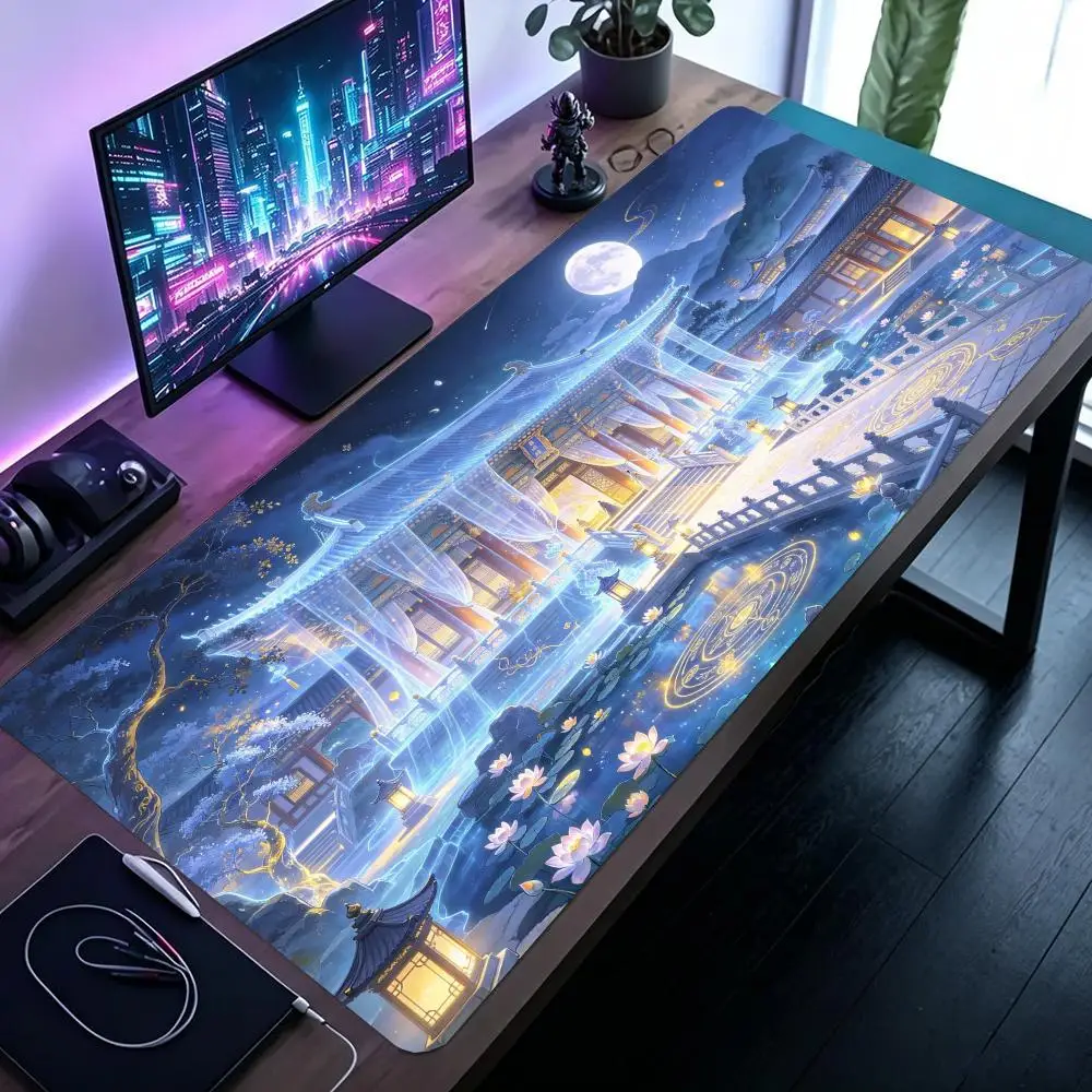 Blue Lotus Ancient Temple Pool Desk Mat Large Size Precision Tracking For Oriental Home Decor