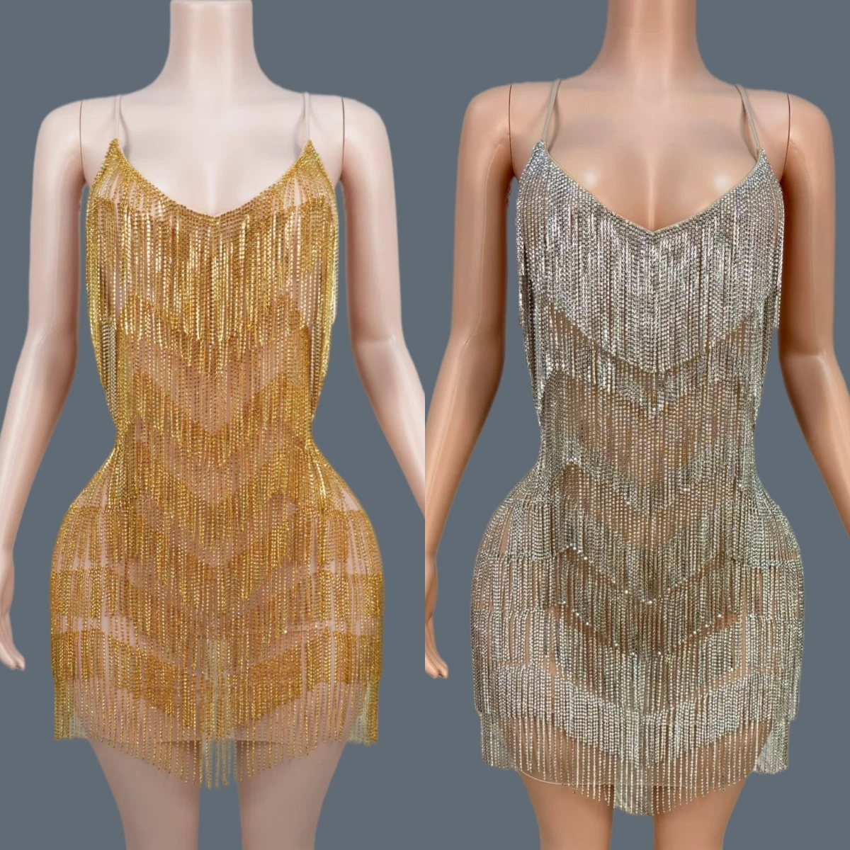 

Luxury Women Birthday Prom Sparkly Rhinestone Chains Tassel Transparent Mini Dress Club Dance Show Sexy Fashion Stage Wear Lamei