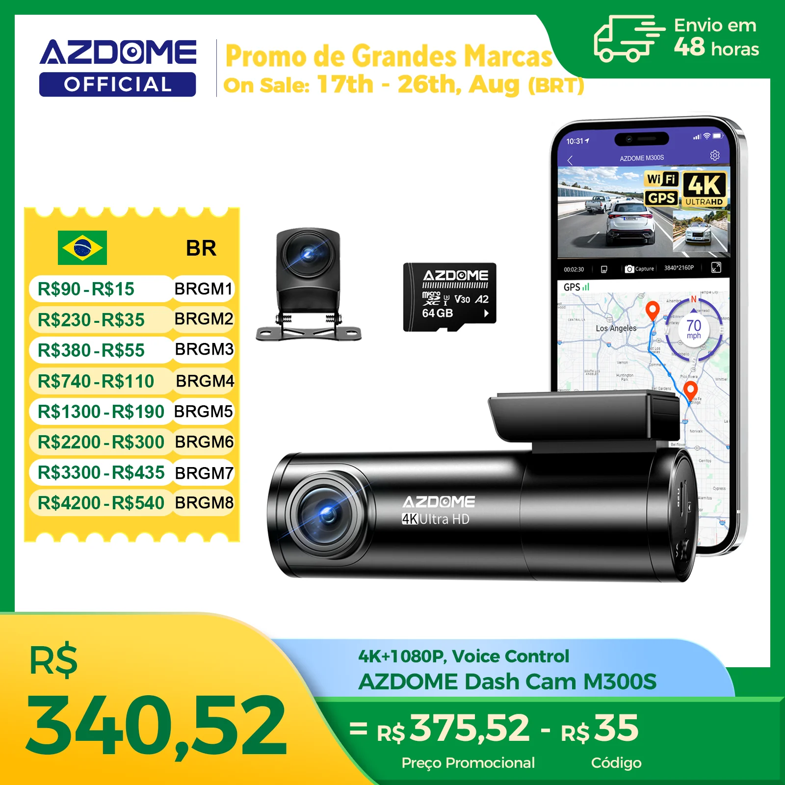 Câmera Veicular AZDOME M300S 4K+1080P com Câmera Traseira, Lente de 800MP, GPS Integrado, WIFI, DVR Automotivo, Controle por Voz e Visão Noturna