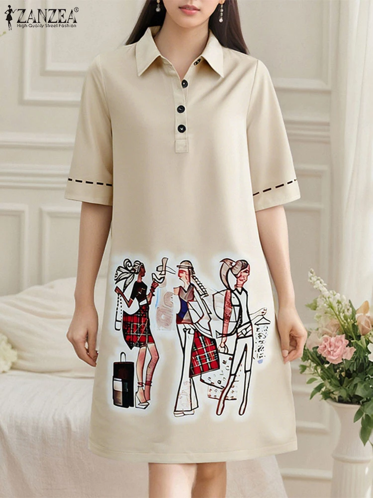 

Casual Loose Knee-Length Dress Women Fashion Printed Sundress Turn-Down Collar Half Sleeve Vestido A-Line Robe Femme 2025 ZANZEA