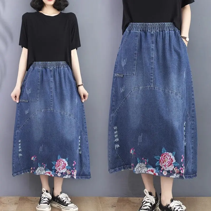 

Ethnic Style Denim Embroidery Skirt 2024 Spring Summer Loose Large Size Retro Artistic Irregular A Line Saia Jeans Women Z4208