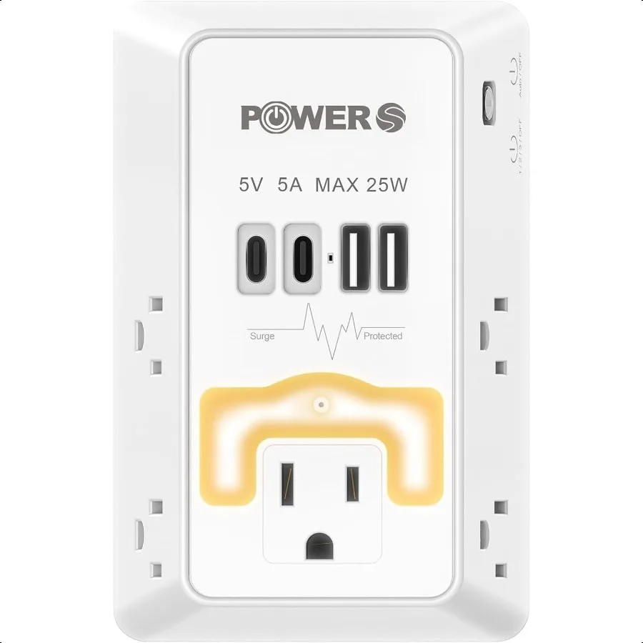 

Electrical Outlet Extender with USB Ports 2C2A Snug Wall Outlet with Night Light Surge Protector Wall Plug Adapter for Multiple