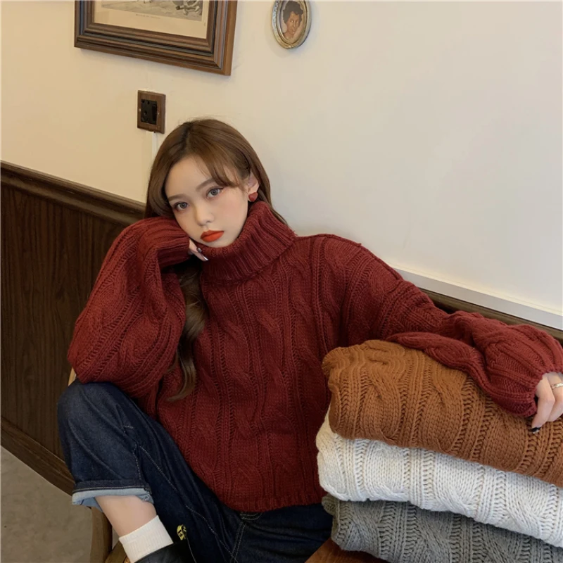 Twisted Women Crop Sweaters Turtleneck Thick Fashion Knitted Jumper Casual Long Sleeve Loose Pullover Oversize Short Coats