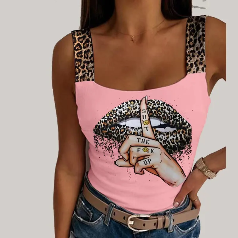 Damesmode Luipaard Lippen Gedrukt Mouwloos Crop Tops Fashion Party Club Zomer Mouwloos Streetwear Bustier Tops Vesten