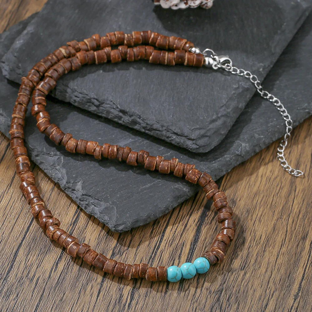 البوهيمي الرجال جوز الهند شل الفيروز قلادة الربط تصميم الأزياء التبعي لارتداء عارضة #4