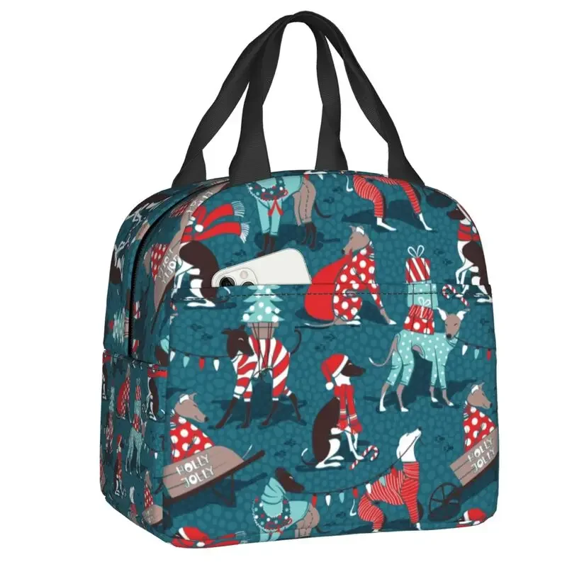 

Greyhounds Christmas Dogwalk Thermal Insulated Lunch Bag Whippet Sighthound Dog Lunch Tote for Camping Travel Storage Food Box