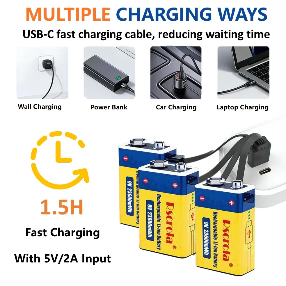 Long Lasting Rechargeable 9V Battery 23600mWh, Li-ion 9V Battery with Charging Cable, USB-C Charge, 9V Batteries for Home&Office