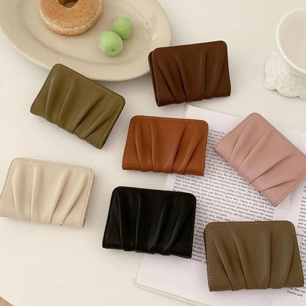 New Wrinkled Card Bag PU Leather Anti Thief Card Holder Ultrathin Solid Color Short Purse Girl