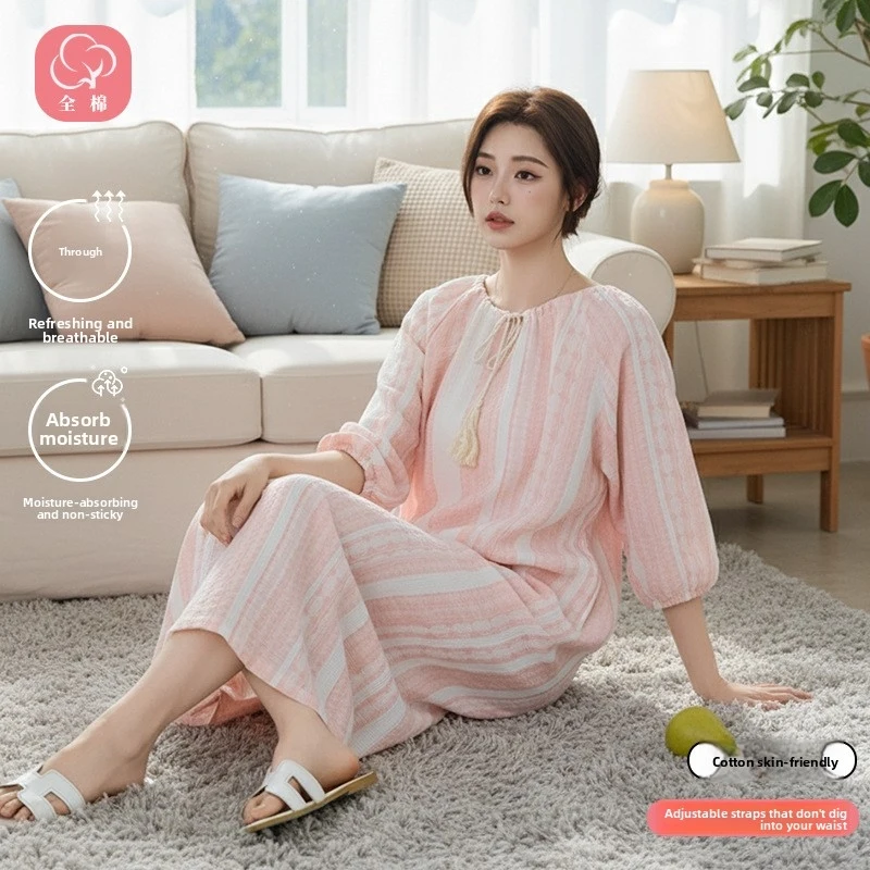 Cotton Gauze Nightgown for Women, 1-Piece Loose Midi Sleep Dress, 3/4 Sleeve Pullover & Breathable, Versatile Summer Home Wear