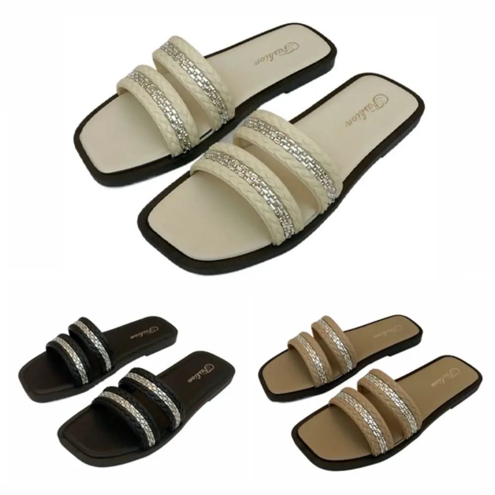 Luxury Crystal Flat Slippers Soft Sole Anti-slip Slides Sandal Color Blocking Beach Shoes Square Toe Slippers Women Summer