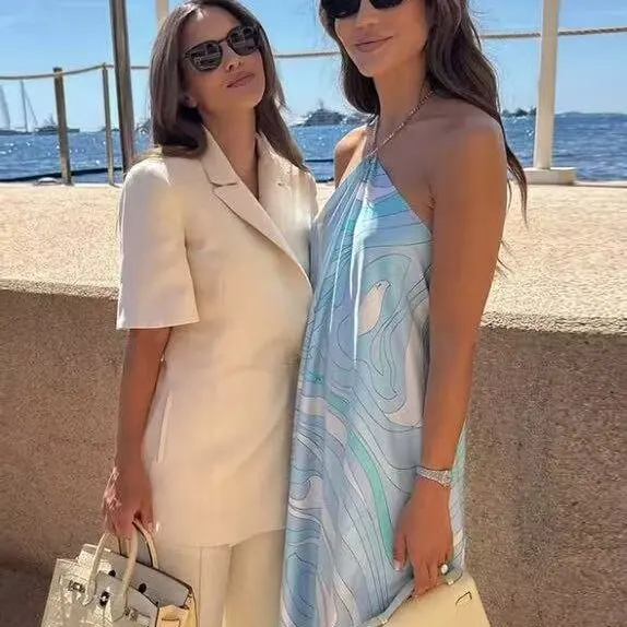 Vestido Casual Hoado con Estampado sin Mangas de Fibra de Poliéster de Cintura Alta E de Moda para Mujer, Primavera ...