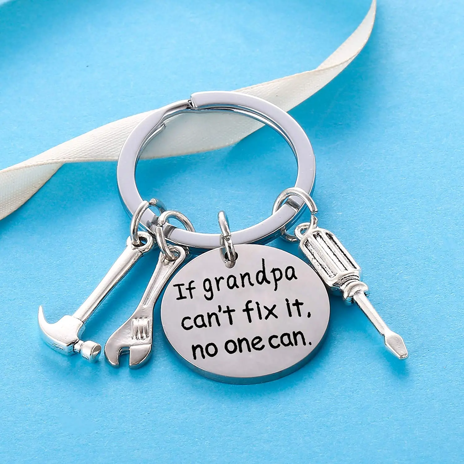 Grandpa Keychain Granddad Gifts From Grandson Granddaughter Christmas Gift Keyring(If grandpa can\'t fix it,no one can)DIY Custom