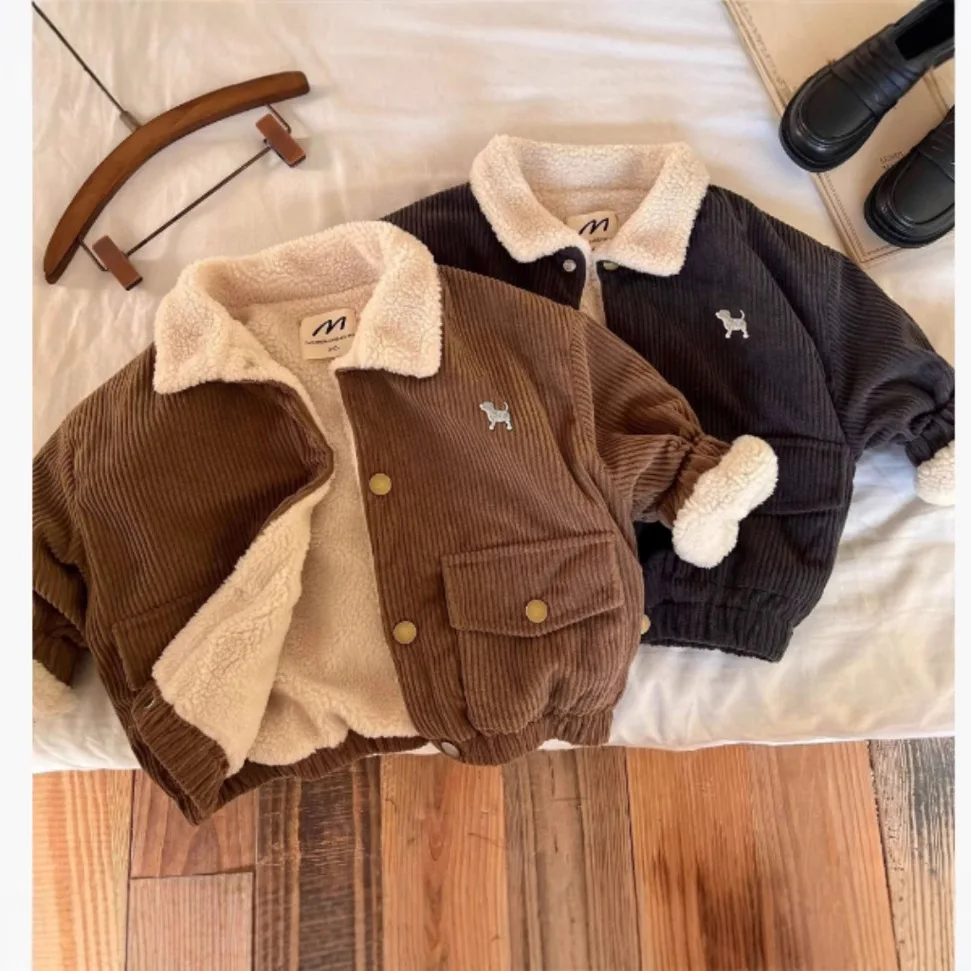 

Осень-зима 2022, детская вельветовая куртка для маленьких мальчиков и девочек, утепленное бархатное пальто с вышивкой, детская одежда, верхняя одежда на хлопковой подкладке